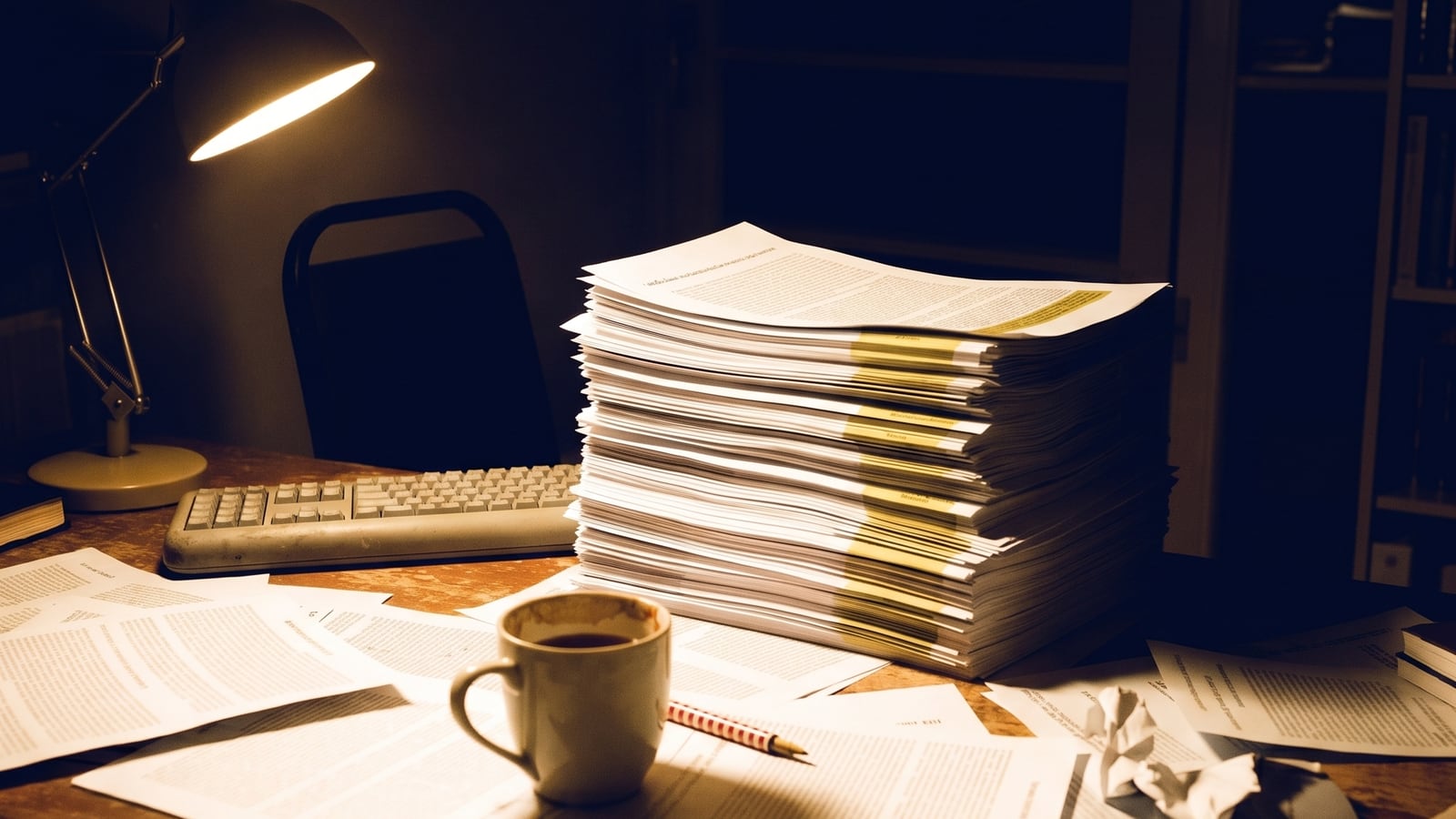 A desk at night under a single lamp, holding a tall stack of near identical printouts with the same passage highlighted in yellow on every page. Beside it an old keyboard, a cold mug of coffee and loose sheets of text.