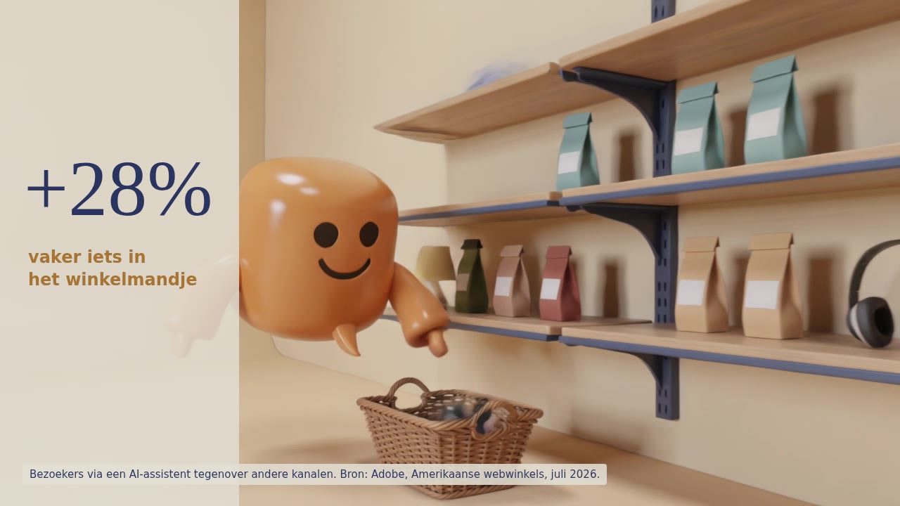 Een vrolijke chatbot gooit producten uit de schappen van een winkel in een winkelmandje. Ernaast de cijfers van Adobe voor Amerikaanse webwinkels in juli 2026: bezoekers via een AI-assistent leggen 28% vaker iets in het winkelmandje en leveren 53% meer omzet per bezoek op.