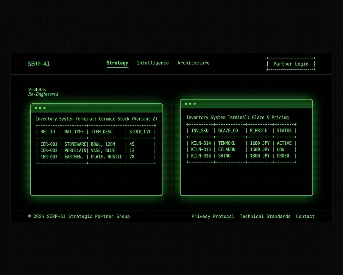 Kale groene terminal die dezelfde keramiek toont als een gestructureerde datatabel met een expliciete prijskolom.